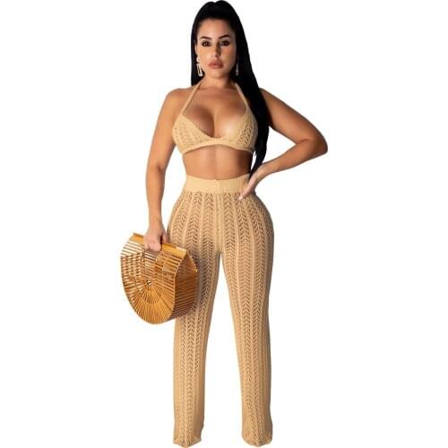 JRRY Casual Knitted Women Set Halter Neckline Strings Back Bra Long Skinny Pants Hollow Out Two Pieces Women Suit 2 Pieces Set