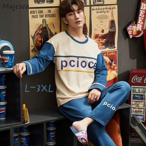 Men Pajama Sets Oversize 3XL Print O-neck Long Sleeve Elastic Waist Spring Autumn Breathable Male Lounge Sleepwear Soft Fashion