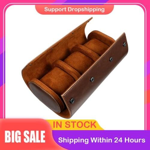 3 Slots Portable Watch Box Round Watch Organizer Elastic PU Watch Case