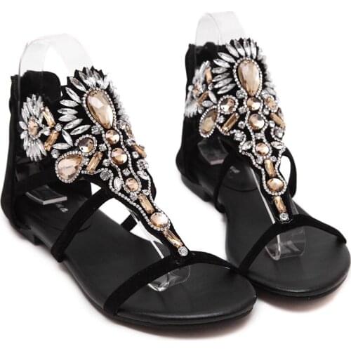 Bling Bling Diamond Decor T-strap Clip Toe Sandals Woman Bohemia Gladiator Crystal Flat Shoes Summer Beach Sandalias