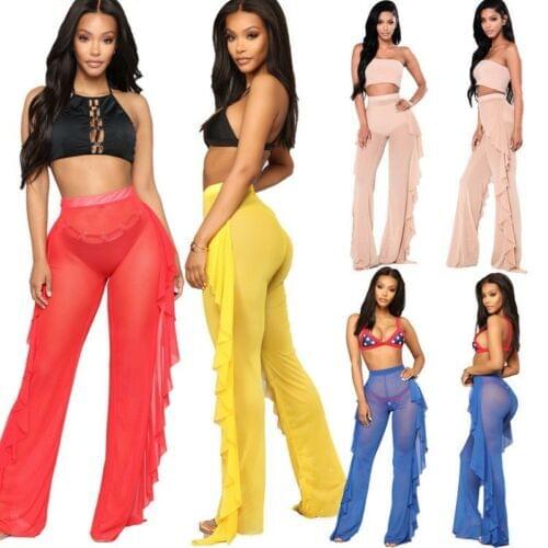 Sexy Womens High Waist Beach Cover Ups Sexy Sheer Flared Ruffle Mesh Beach Bikini Cover Up Long Pants Bathing Trouser