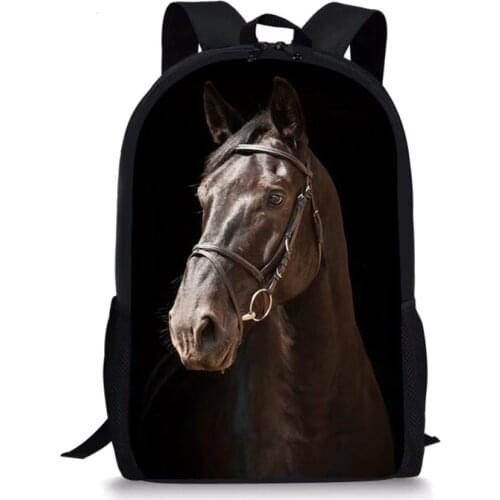 Black Crazy Horse School Bag for Teenager Boys Girls Unique 3d Children Kids Book Bag Print Animal Schoolbags