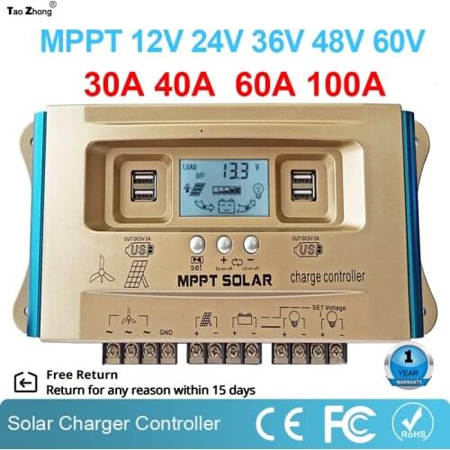 30A 40A 60A 100A Wind Solar Hybrid Controller MPPT LCD Dual USB 12V 24V 36V 48V 60V Battery Charging Regulator