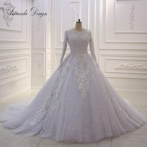 Amanda Design robe de mariee courte Long Sleeve Pearls Muslim Wedding Dress