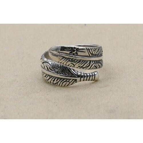 Tibetan S925 Sterling Silver Ring Handmade Thai Silver Jewelry Feathers Retro Couple Rings