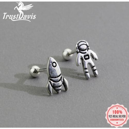 Trustdavis Real 925 Sterling Silver Asymmetric Astronaut Rocket Beads Screw Stud Earrings For Women Wedding Fine Jewelry DA2187