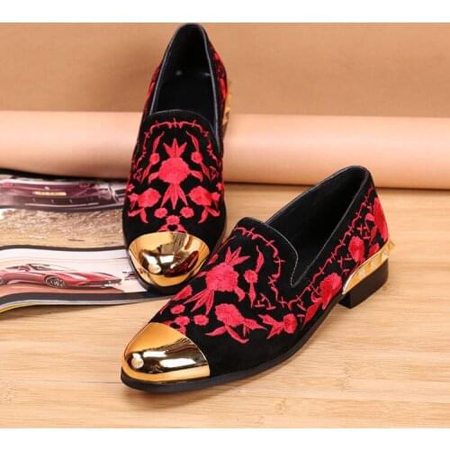 Zapatos de hombre gold steel toe red embroidery genuine leather slip on loafers breathable low heel flats male formal shoes men