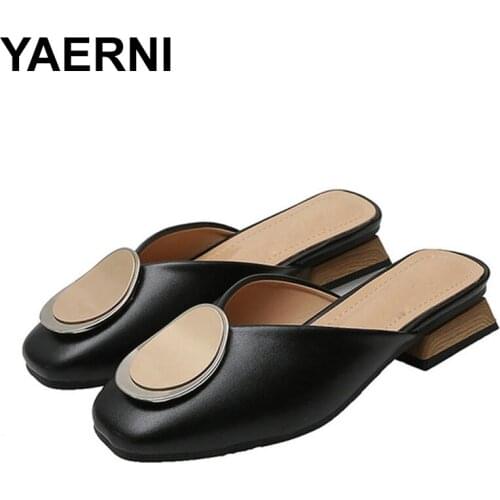 YAERNI Genuine Leather Mules Women Shoes Metal Decoration SquareToe Slippers Casual Chunky Heels Slides Slip on Loafers Big Size