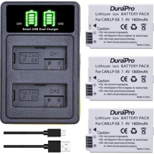 3x 1800mAh LP-E8 LP E8 Li-ion Battery Charger with USB Cable For Canon EOS 550D 600D 650D 700D kiss X4 X5 X6i X7i Rebel T2i T3