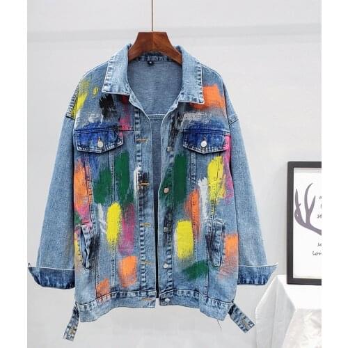 Streetwear Fashion Multicolor Graffiti Denim Jacket Women Autumn Vintage Loose Mid Long Jeans Jacket Coat Female Chaqueta Mujer