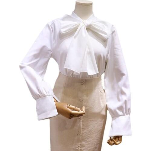 2021 Autumn Spring Women White Shirt Fairy Puff Sleeve Sweet Boutique Shirts Peter Pan Collar Cute Big Bow Tie Work Tops Blouse