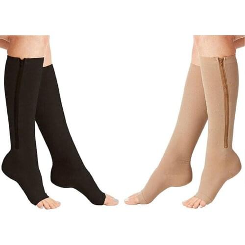 Women Compression Black Zipper Leg Slimming Stocking Leg Support Open Toe Knee Stockings Thigh High