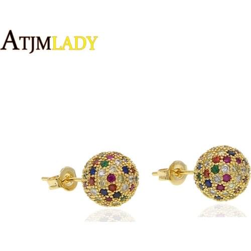 2019 new silver Color Copper Multicolor Cubic Zirconia Round Disco CZ Ball Stud Earrings Womens party Fashion rainbow Jewelry