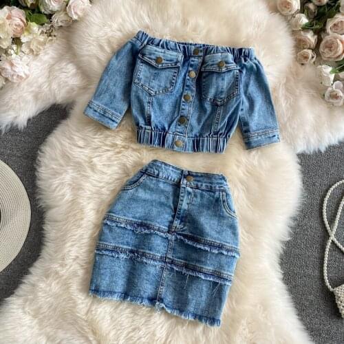 Women Summer Denim Clothes Sets Off Shoulder Single Breasted Cowboy Crop Tops+ Tassel Skirt Ladies Jeans Two Piece Suit
