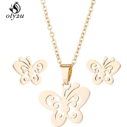 Oly2u Gold Butterfly Necklace Stud Earrings Jewelry Sets For Women Stainless Steel Chokers Jewelry Necklace Earrings Sets Gifts
