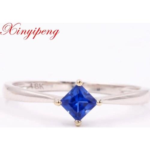 Xin yi peng 18 k white gold inlaid natural square sapphire ring 3.5*3.5 mm women ring simple and easy fine