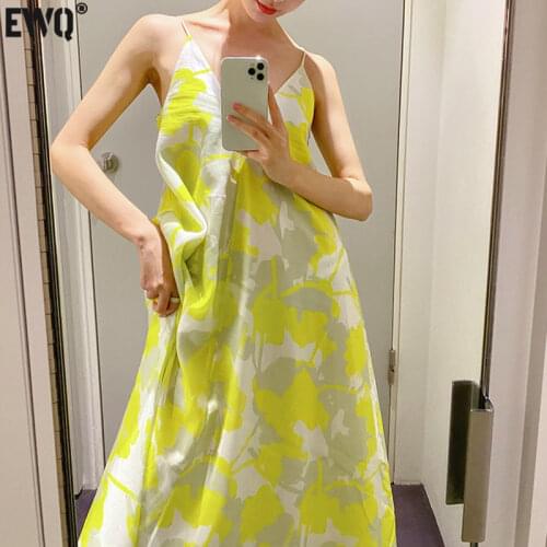 [EWQ] Korea Chic Summer Casual Trendy Women New V-neck Print Fashion Holiday Style Sleeveless Sling Dress 2021 16E2243