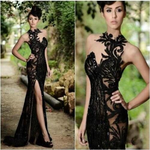 2020 elegant pearls Split evening dresses Rami Salamoun Appliqued High Neck Mermaid Paillettes Long evening dress Real pictures