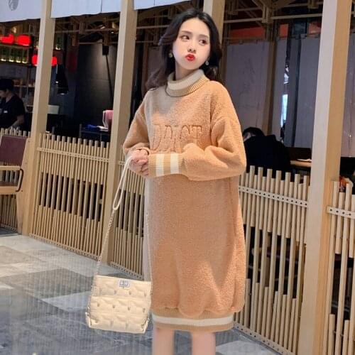 1032# 2021 Autumn Winter Thicken Warm Cashmere Woolen Maternity Dress Loose Fleece Hoodies Clothes for Pregnant Women Pregnancy