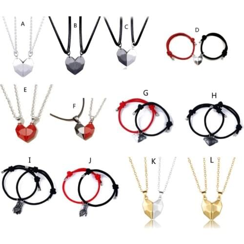 2Pcs Minimalist Lovers Matching Friendship Heart Pendant Couple Magnetic Distance Faceted Heart Pendant Necklace Jewelry