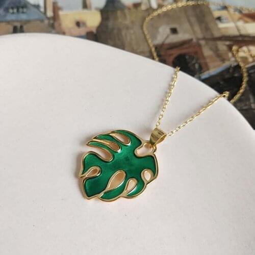Hot Sale Green Plam Tree Leaf Pendant Necklace For Women Statement 925 Sterling Silver Long Gold Necklace Accessories Party Gift