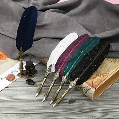 Sprinkle Gold Luxury Vintage Feather Quill Dip Calligraphy Fountain Pen Writing Ink 5 Nibs Set Stationery Gift Box 1XCE