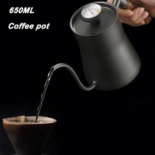 650ML 304 Stainless Steel Long Narrow Mouth Hand Punch Coffee Tea Pot With Thermometer Lid Gooseneck Spout Coffee Kettle Teapot