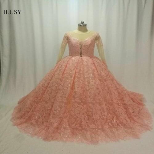 ILUSY Pink Leaves Lace Evening Dresses Sequins Floral Evening Gowns Long Sleeves Prom Customize robe De Soiree