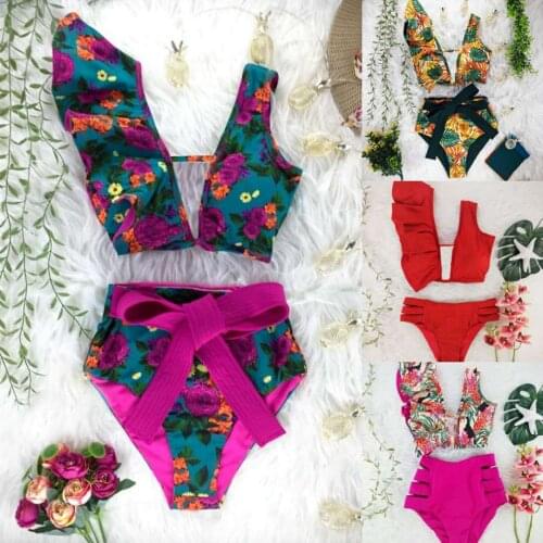 2020 New Sexy High Waist Bikini Swimwear Women Swimsuit Push Up Biquini Bathing Suit One Shoulder Ruffle Swim Suit Beach Wear