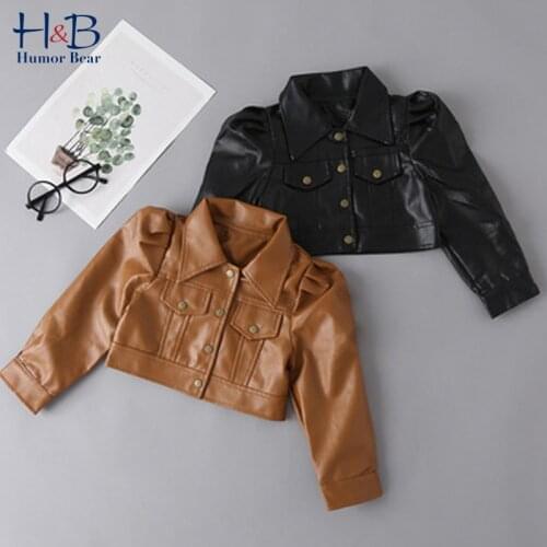 Humor Bear Children Short Coat 2021 Spring Autumn Long- Sleeve PU Leather Jacket Lapel Collar Casual Toddler Kids Clothes