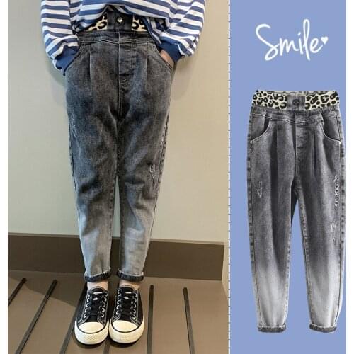 2020 Spring Fall Casual Slim Long Trousers 6-16 Years Kids Girls Jeans Big Girls Fashion Elastic Waist Letter Print Denim Pants