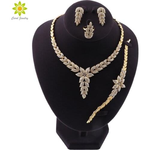 Trendy Leaves Shape Charm Gold Color Necklace Earrings Bracelet Ring Wedding Jewelry Sets Bridal Party Accessories