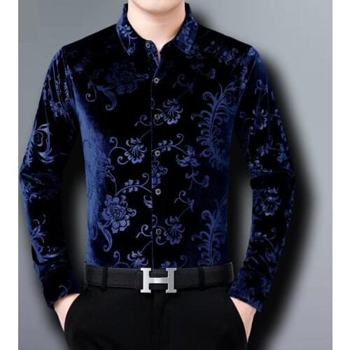 High Quality Men Thermal Velvet Shirts Oversize Flowers Black Dress Claret Flannel Velour Gents Casual Shirts For Stout Father