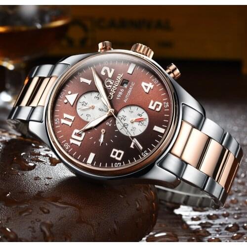 Carnival waterproof Watch Men silver Stainless steel Sapphire Automatic Mechanical Watch relogio masculine