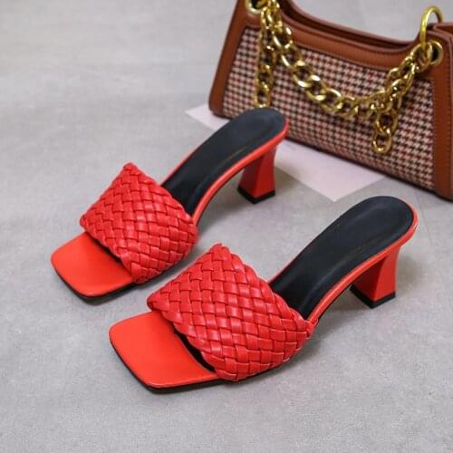 2020 Luxury Slides Women 8cm High Heels Mules Fetish Summer Sandals Low Heels Slippers Prom Platform Stripper Red Fashion Shoes