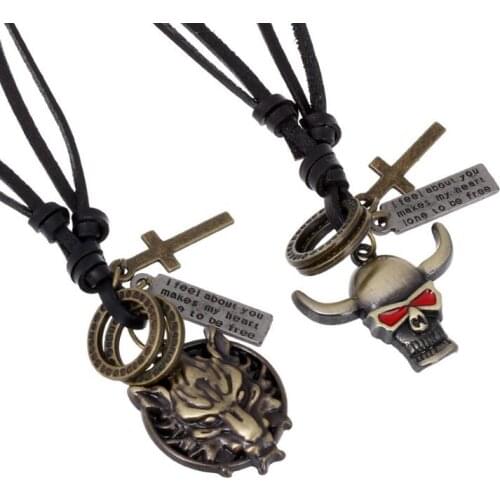 Punk Gothic Rock Pendant Black Necklace Wolf Skull Cow Head Cross Charms Long Leather Chain Vintage Chokers Fashion Men Jewelry