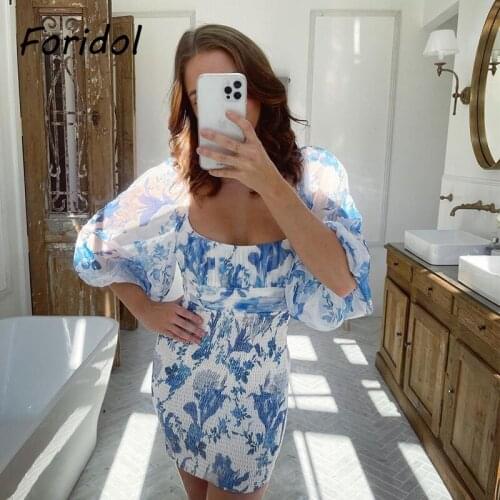 Foridol Sexy Backless Bodycon Party Dress Women Lantern Sleeve Chiffon Blue Autumn Dress Floral Print Boho Mini Dress Vestidos