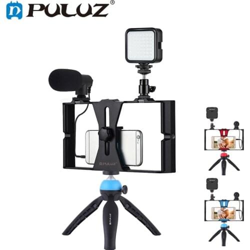 PULUZ 4 in 1 Vlogging Live Broadcast Smartphone Video Rig +LED Selfie Fill Light & Microphone+Tripod Mount+Cold Shoe Tripod Head