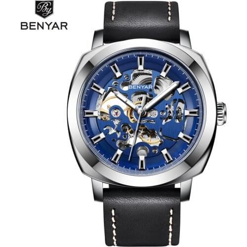 Reloj Hombre BENYAR Mens Watches Top Brand Luxury Fashion Waterproof Skeleton Wrist Watch Leather Clock Man Relogio Masculino