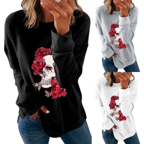 Halloween Skull Printed Shirts Blouse Women Loose O-neck Long Sleeve Pullover Streetwear Tops Korean Fashion Blouses Blusas