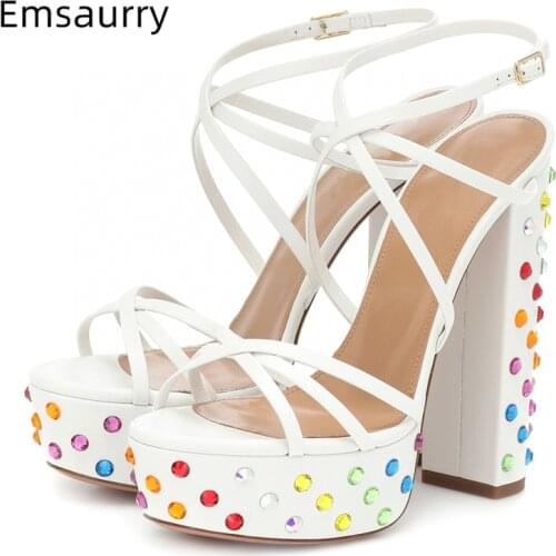 Colorful Rhinestone Diamond Chunky Heel Sandals Women High Platform Cross Narrow Band Strappy Summer Sandalias