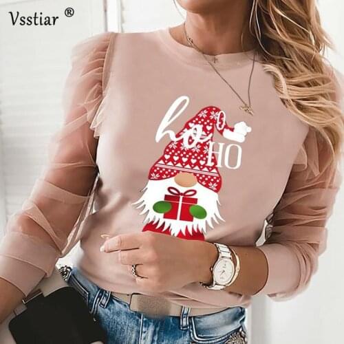 Santa Claus Christmas Blouse Shirts Women Sexy Print Mesh Casual Tops Plus Size New Fashion Ruffles Puff Sleeve Female Shirt