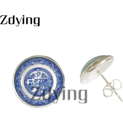 Zdying Fashion Blue And White Porcelain Stud Earring Glass Photo Cabochon Dome Earring For Friend Birthday Family Jewelry QH060