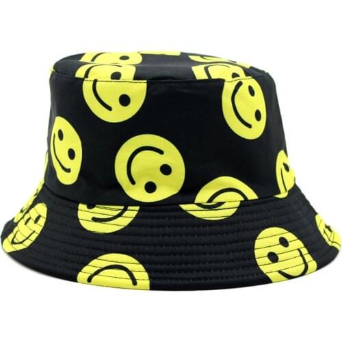 New Ins Trend Women Smile Printed Bucet Hats Cotton hat Fisherman Cap Panama Gorros Double Side