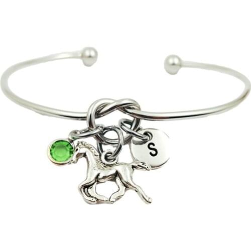 Horse Animal Creative Initial Letter Monogram Birthstone Adjustable Bracelet Fashion Jewelry Women Gift Accessories Pendant