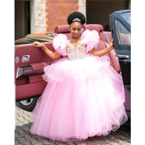 Gorgeous Pink Flowers Girl Dresses Beads Lace Little Girl Wedding Party Dresses Vintage Pageant Dresses Birthday Gown