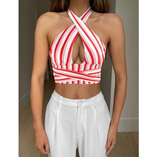 Wsevypo Chic Striped Deep V-Neck Halter Tank Tops Women Ladies Halter Cross Lace-up Crop Tops Summer Fashion Backless Tube Top