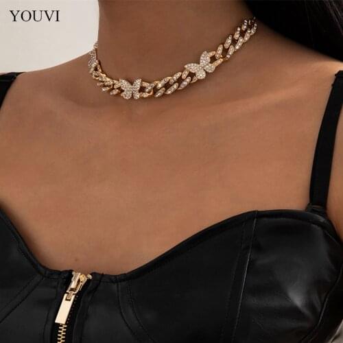 YOUVI Short Cuban Chains Necklace Collier Femme Crystal Butterfly Choker Necklace Jewelry Charms Luxury Punk Party Collar Gift