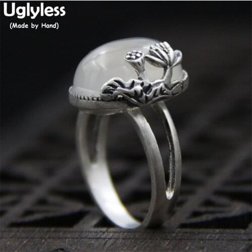 Uglyless Real S 999 Fine Silver Jewelry for Women Luxury Natural White Chalcedony Rings Opening Oval Gemstones Ring Lotus Bijoux
