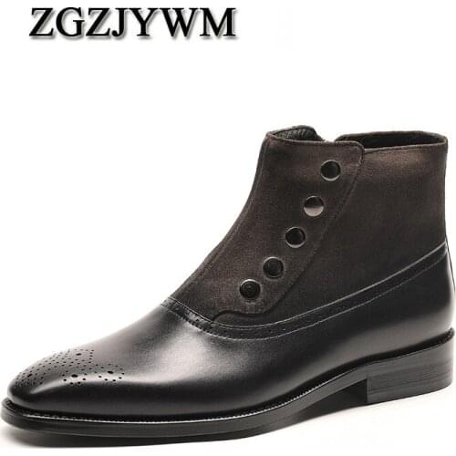 ZGZJYWM New Cowhide Pointed Toe Genuine Suede Leather Black/Brown Mens Slip-On Work Bullock Oxford Dress Shoes For Men Boots